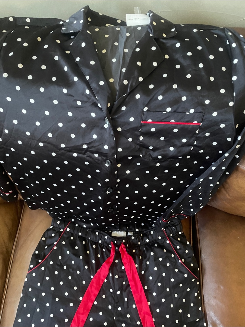 New York & Company Black Polka Dot Satin Pajama Set with Red Trim